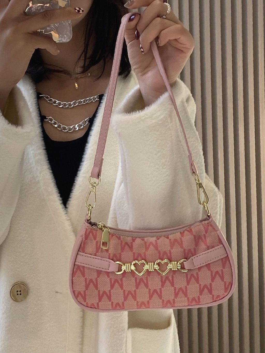 Baguette Shoulder Bag with Letter and Geometric Heart Graphic for Women