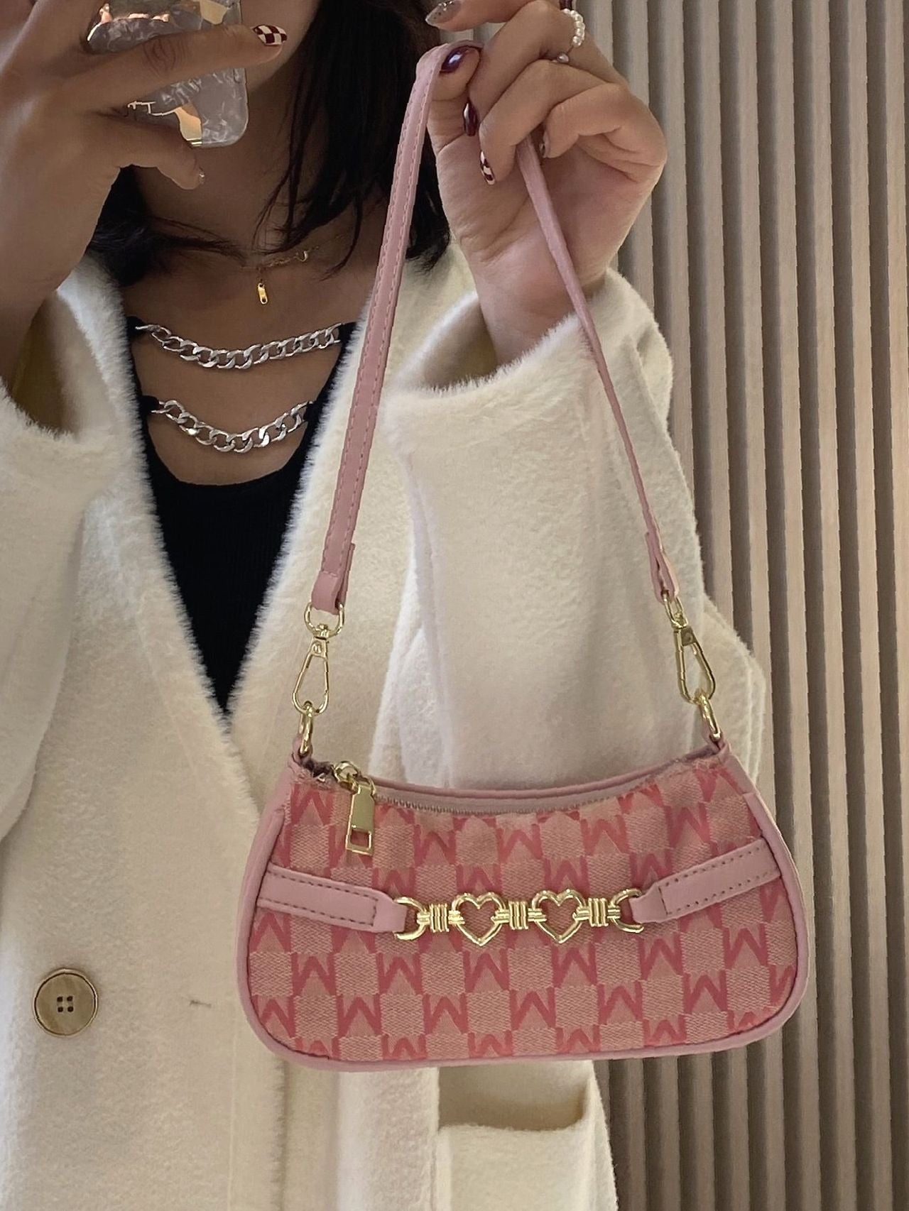 Baguette Shoulder Bag with Letter and Geometric Heart Graphic for Women