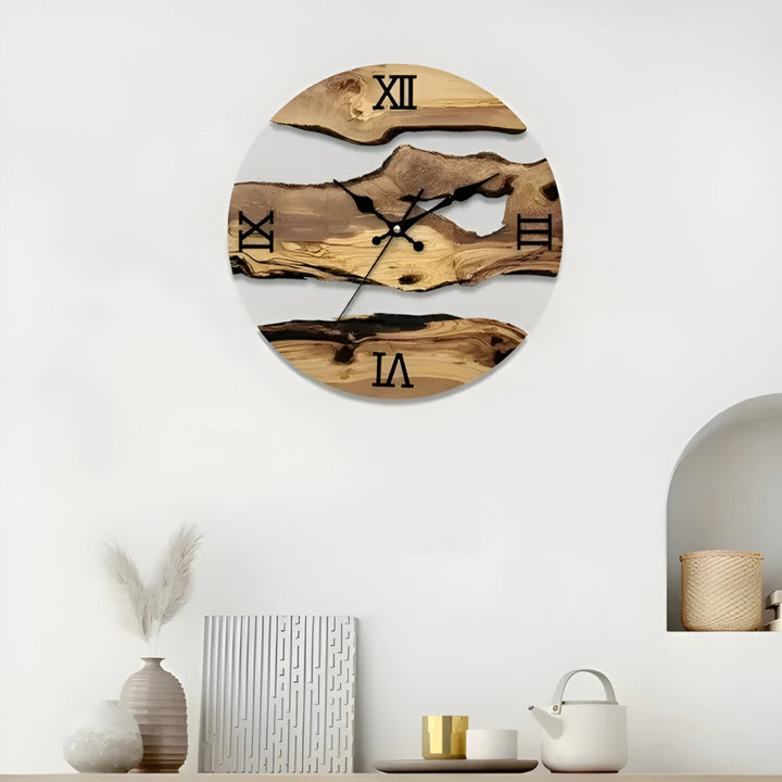 Round Wooden Wall Clock with Roman Numerals