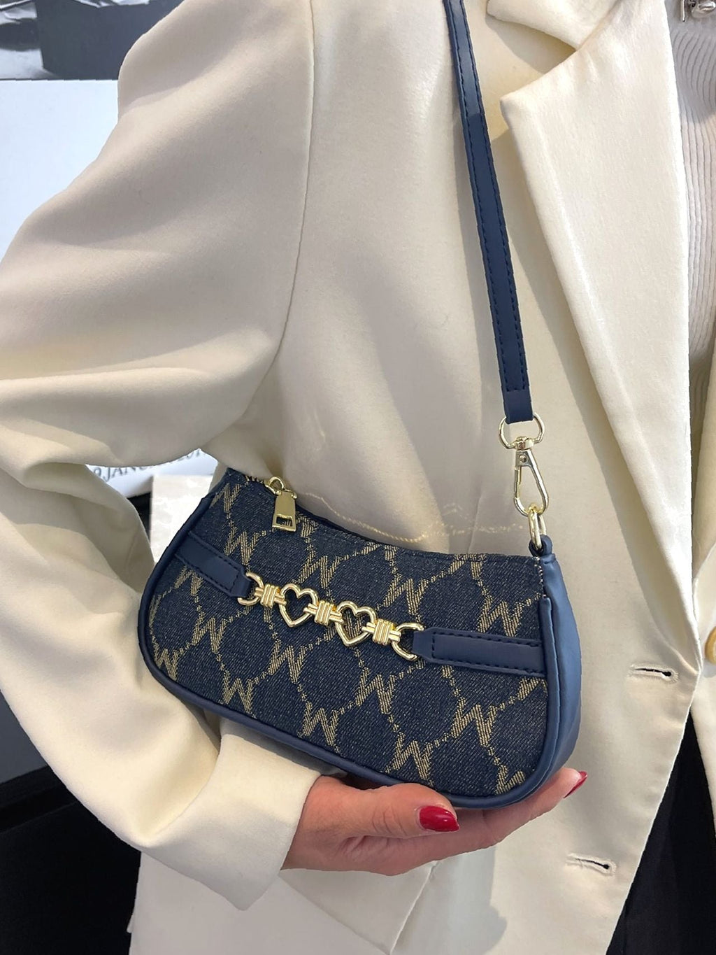 Baguette Shoulder Bag with Letter and Geometric Heart Graphic for Women