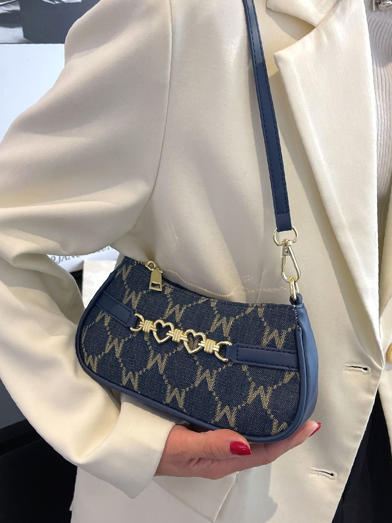 Baguette Shoulder Bag with Letter and Geometric Heart Graphic for Women