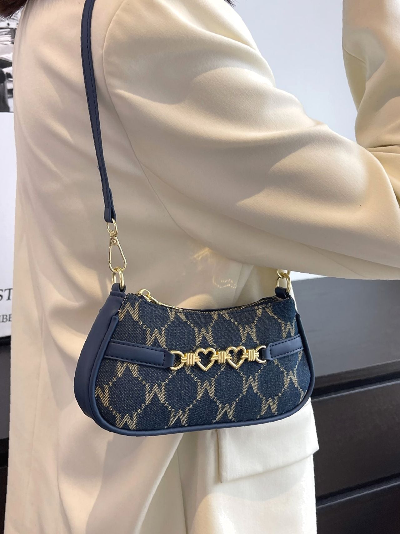 Baguette Shoulder Bag with Letter and Geometric Heart Graphic for Women