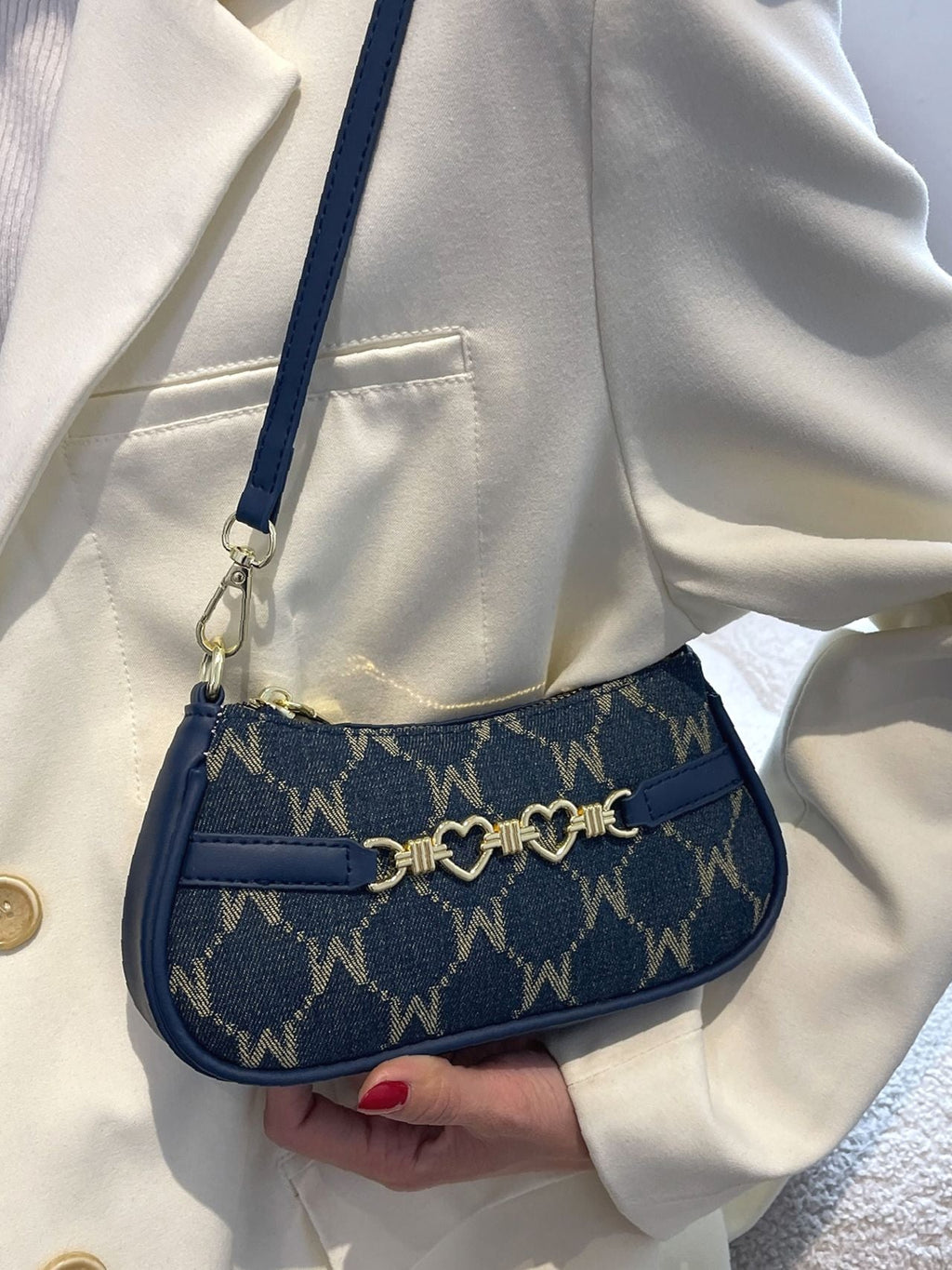 Baguette Shoulder Bag with Letter and Geometric Heart Graphic for Women