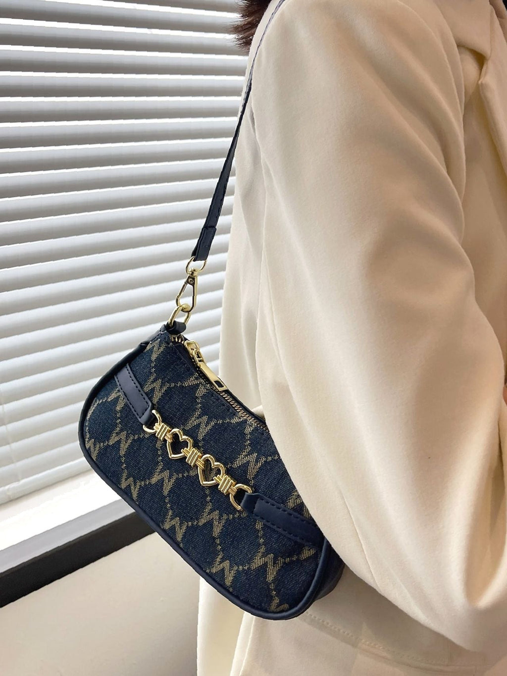 Baguette Shoulder Bag with Letter and Geometric Heart Graphic for Women