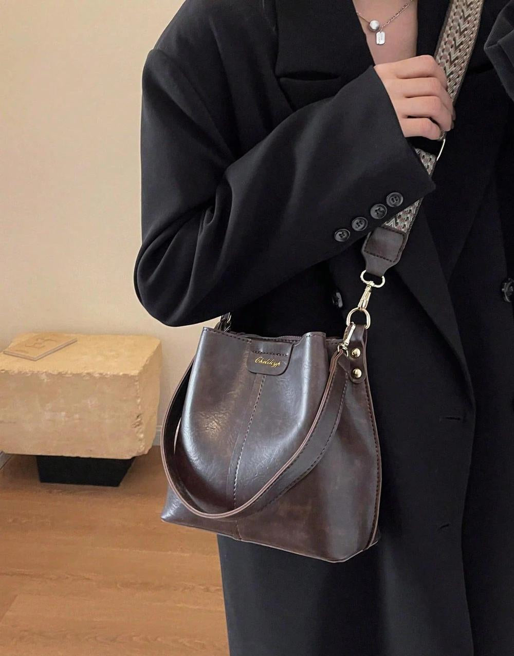 PU Bucket Bag Versatile Shoulder Handbag Women Tote Bag