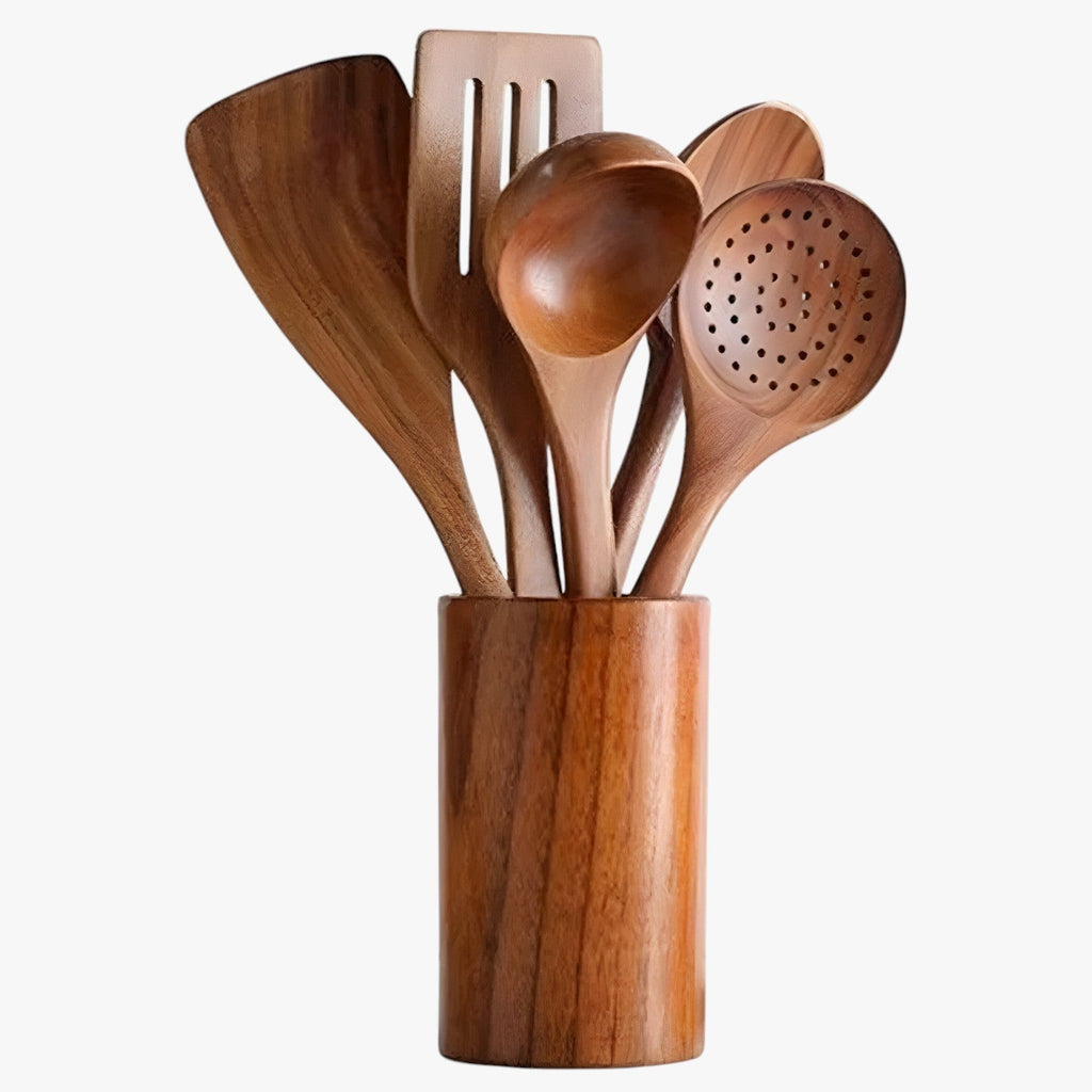 6-Piece Wooden Kitchen Utensil Set with Holder