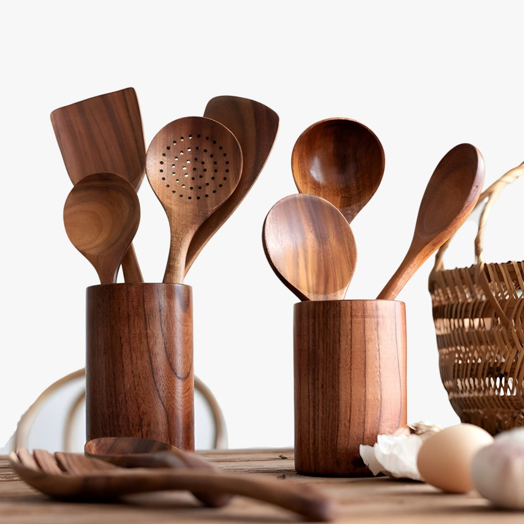 6-Piece Wooden Kitchen Utensil Set with Holder