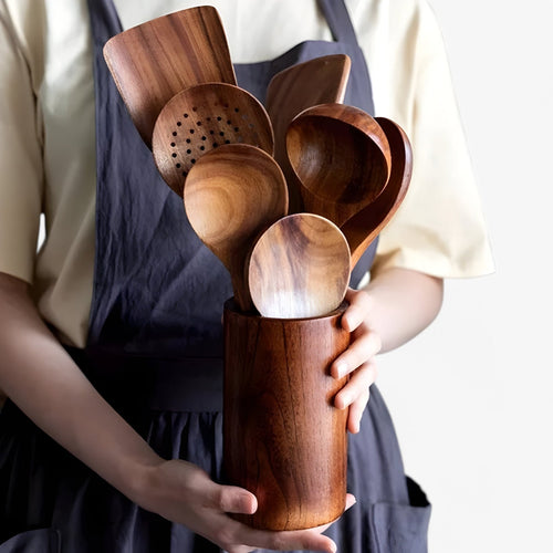 6-Piece Wooden Kitchen Utensil Set with Holder