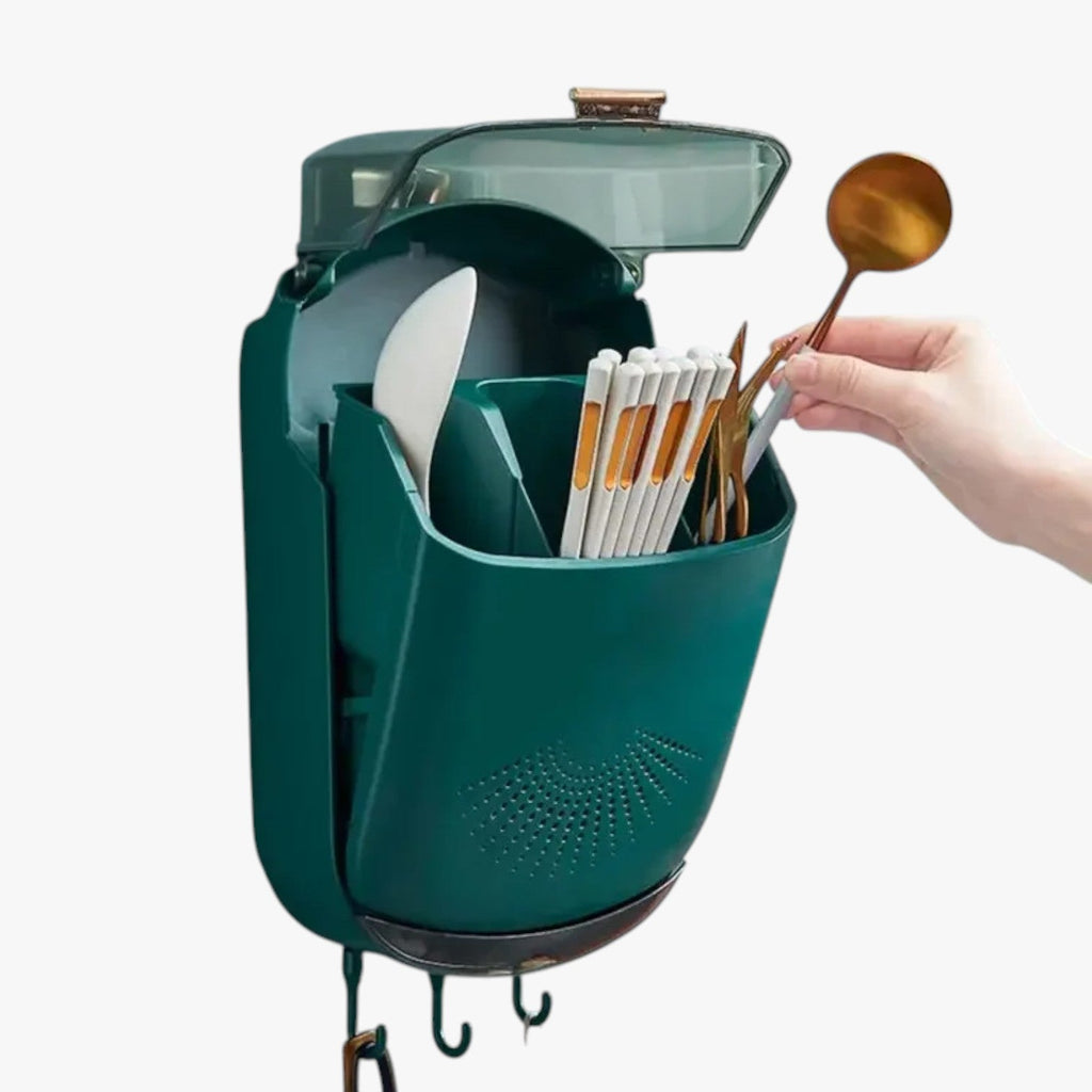 Wall-Mounted Utensil Holder with Lid and Drainage