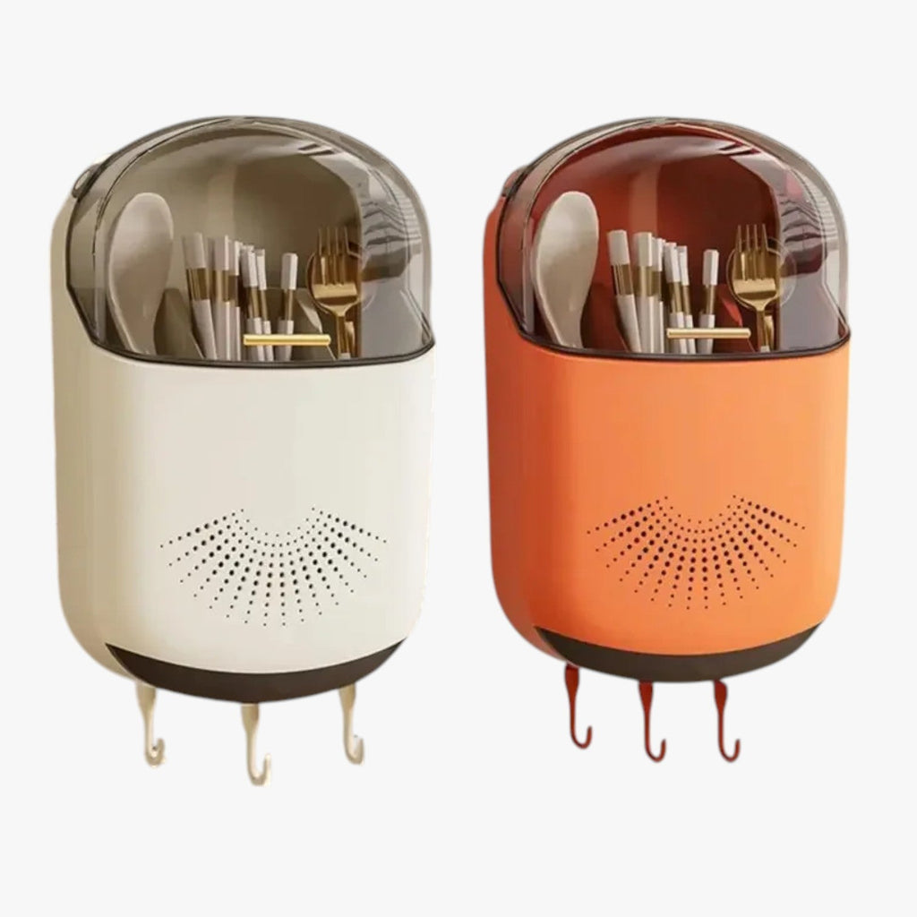 Wall-Mounted Utensil Holder with Lid and Drainage