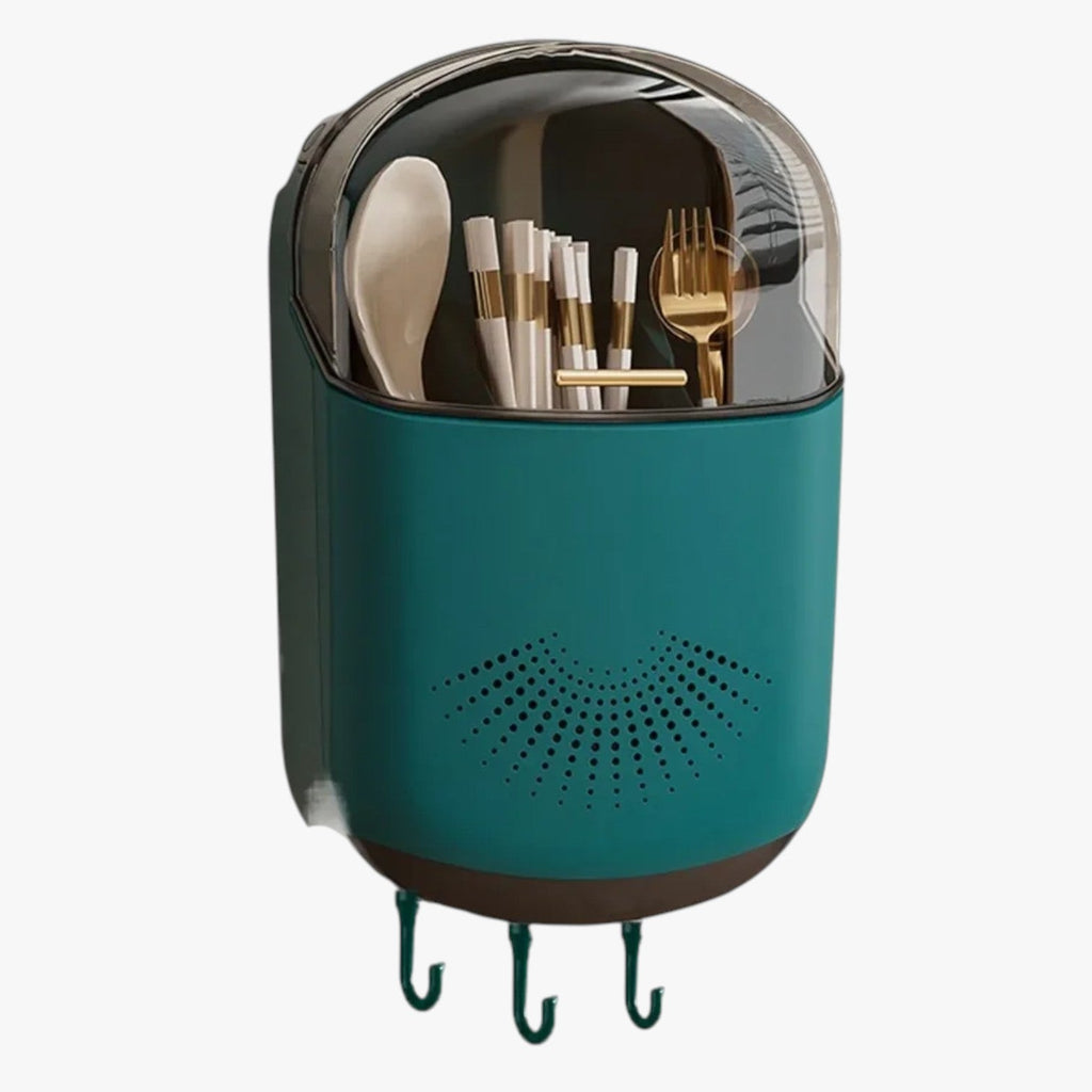 Wall-Mounted Utensil Holder with Lid and Drainage